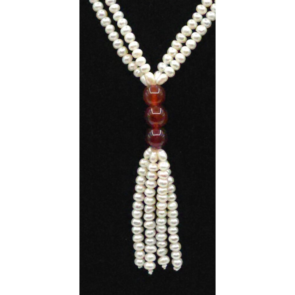 Vintage Pearl & Garnet Tassel Lariat Necklace With Elegant Multi Strand Design - Picture 2 of 5
